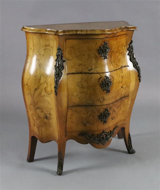 A late 19th century Dutch walnut and marquetry bombe commode, W.2ft 7in. D.1ft 2in. H.2ft 11in.
